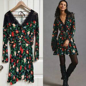 By Anthropologie Lacy V-Neck Mini Dress in Black Floral. Size 4